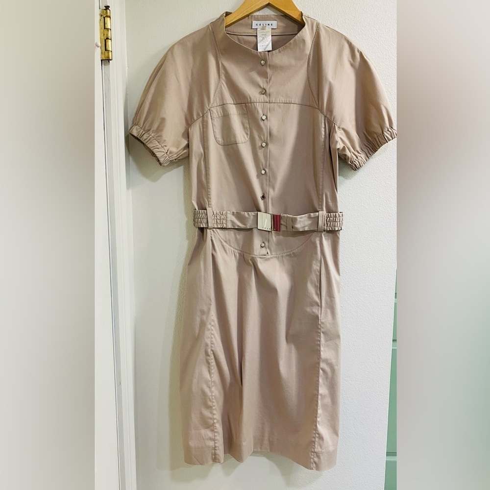 Celine Button-Front Belted Safari Tan Knee Length Elegant Timeless Dress Size 40